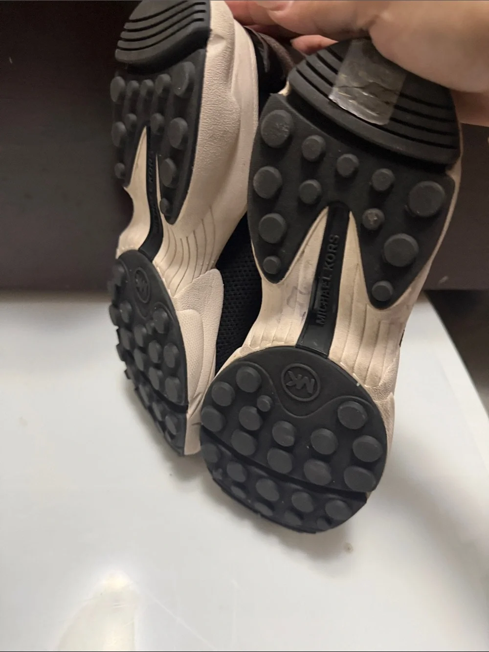 Michael Kors Black Knit Sock Sneaker with Brown Logo Heel